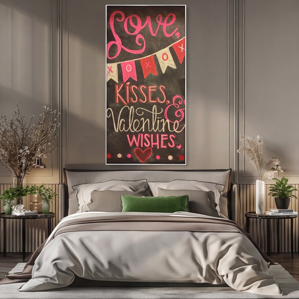 Tablou canvas cu tablou canvas cu mesaj de dragoste scris cu creta, in rama de aluminiu argintiu, pe perete intr-un dormitor